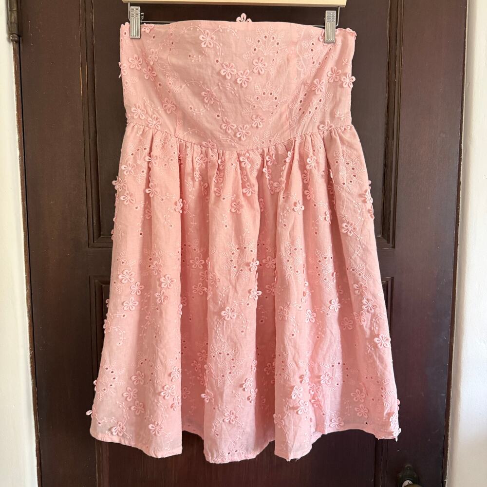 A COLLECTIVE STORY Pink 3-d Flower Eyelet Strapless Babydoll Dress Large